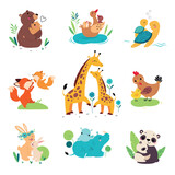 Mom and baby animals. Cute moms hugging her babies. Turtle, hen, giraffe, hippopo, panda, duck, bear families cartoon vector illustration