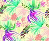 modern bright seamless pattern with tropical palm leaves and colorful dried flowers for fashion textiles and surface design