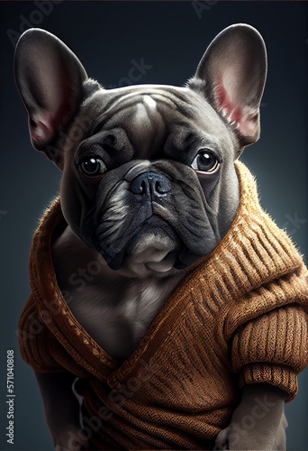 Portrait of a serious dog, a French bulldog, dressed in a brown knitted sweater