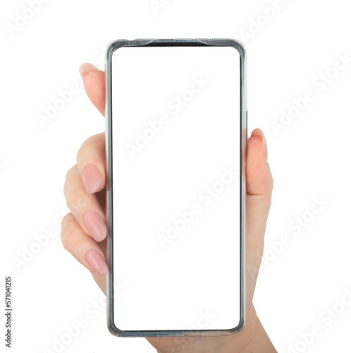 Woman hand with modern smartphone isolated on on a white background. Mockup template for your design advertising.