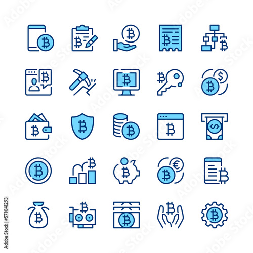 Bitcoin line icons. Set of bitcoin icons. Blue color. Vector line icons set