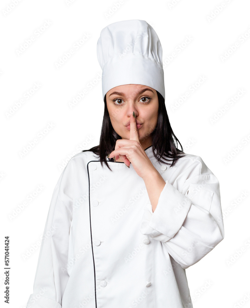 Young caucasian cook woman isolated showing a copy space on a palm and holding another hand on waist. Young caucasian cook woman isolated showing a copy space on a palm and holding another hand on waist.