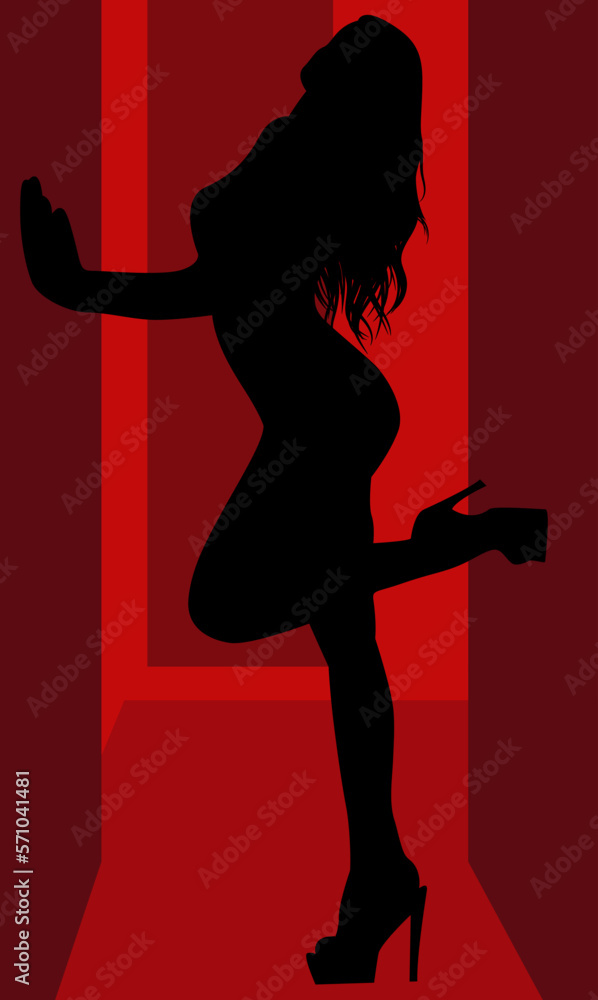 Striptease woman silhouette in nightclub. Beautiful pole dancing girl silhouette 