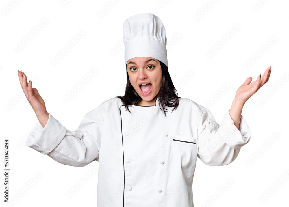 Young caucasian cook woman isolated receiving a pleasant surprise, excited and raising hands. Young caucasian cook woman isolated receiving a pleasant surprise, excited and raising hands.