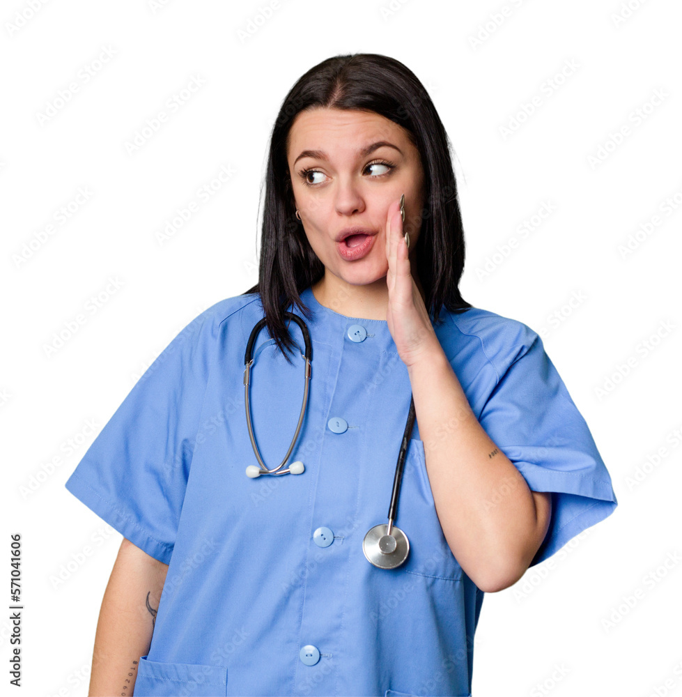 Young nurse woman isolated is saying a secret hot braking news and looking aside Young nurse woman isolated is saying a secret hot braking news and looking aside