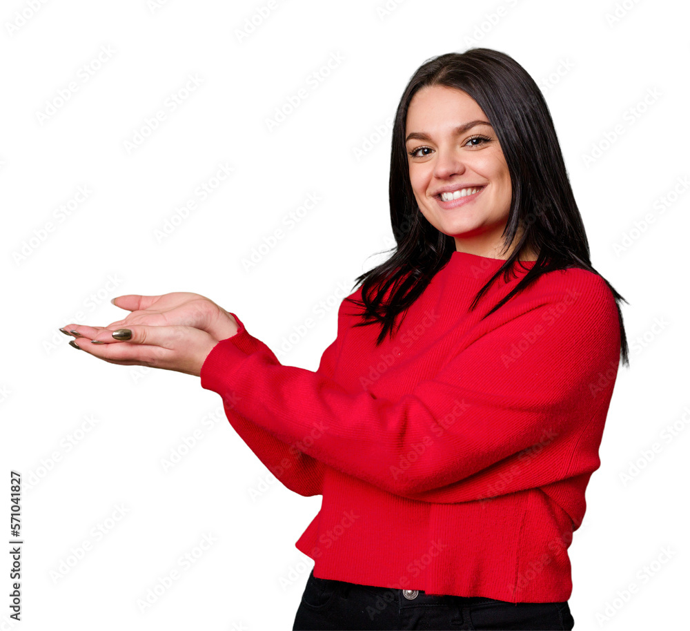 Young caucasian woman isolated holding a copy space on a palm. Young caucasian woman isolated holding a copy space on a palm.