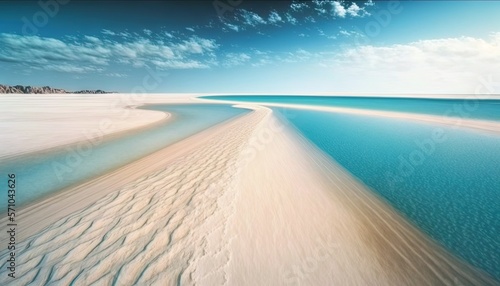 a wide expanse of sand and water on a beach with a blue sky and white sand dunes in the distance with a few clouds in the sky. generative ai