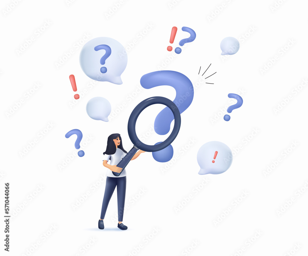 3D woman holding magnifying glass and looking through it at interrogation points. 3D render concept of frequently asked 3D woman holding magnifying glass and looking through it at interrogation points. 3D render concept of frequently asked