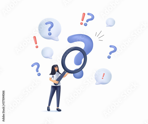 3D woman holding magnifying glass and looking through it at interrogation points. 3D render concept of frequently asked