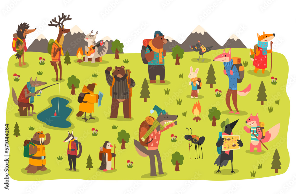 Wild animals hiking with backpacks on nature. Animals characters having hiking adventure travel or camping trip vector illustration Wild animals hiking with backpacks on nature. Animals characters having hiking adventure travel or camping trip vector illustration