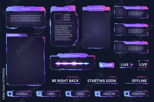 Game stream panels. Twitch streaming overlay frames for gamers leaderboard, hud glowing digital screen template gui online interface futuristic cyber buttons ui vector illustration photo