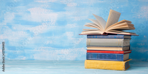 Vintage old hardback books. Education background. Back to school. Copy Space.