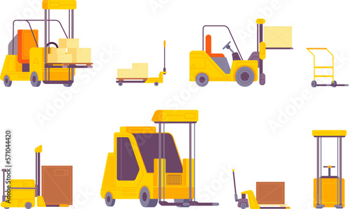 Pallet forklift. Pallet jack and fork truck with lift for transporting cargo facility warehouse loader equipment freight shipment parcel crate delivery splendid vector illustration
