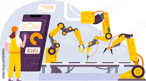 Conveyor configurations. Futuristic engineering smart control automation factory production line, worker monitoring manufacturing process iot machine, splendid vector illustration