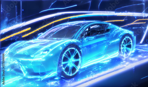 Blue neon hologram race  rush car on abstract line background. AI Generated © alexander