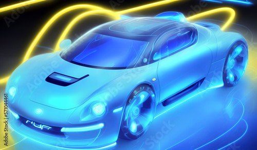 Blue neon race  rush car on abstract line background. AI Generated