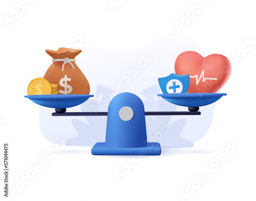 Health and work on scales 3D. Balance job, money and sleep. Comparison business stress and healthy life. 3D icon cartoon