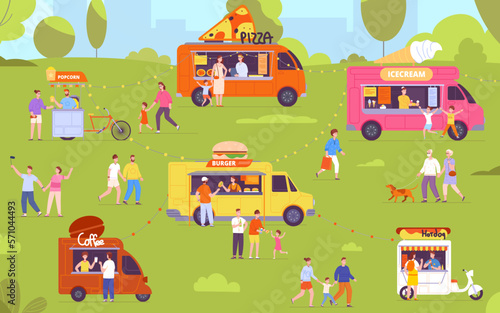 Outdoors food festival. Outdoor catering event, crowd people eat at street meal truck tent stall, summer fair shop, family guys drinking in town cafe, splendid vector illustration
