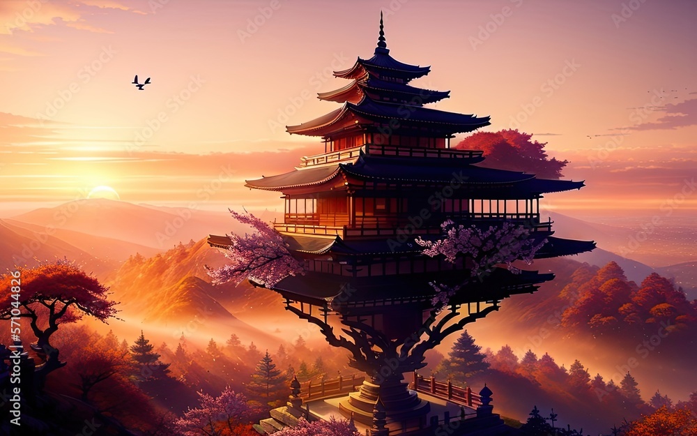 Obraz premium A Chinese temple in a beautiful mountain landscape overlooking the clouds