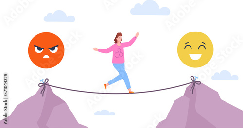 Emotional balance. Stability and unstable mood, emotion discipline therapy feelings control positive lifestyle sad or happy woman on instable rope slacklining vector illustration