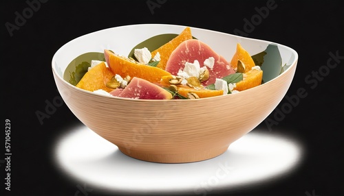  a white bowl filled with sliced up fruit on top of a black tablecloth with a shadow on the floor below it and a black background.  generative ai