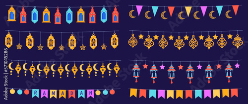 Ramadan flags decorations. Hanging garland decoration for ramadhan kareem celebration, ribbon moroccan lanterns lights flag, eid mubarak islam