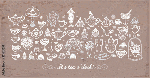 English tea party doodles with sweets and vintage tea set on brown parcel paper background. Vector sketch illustration.