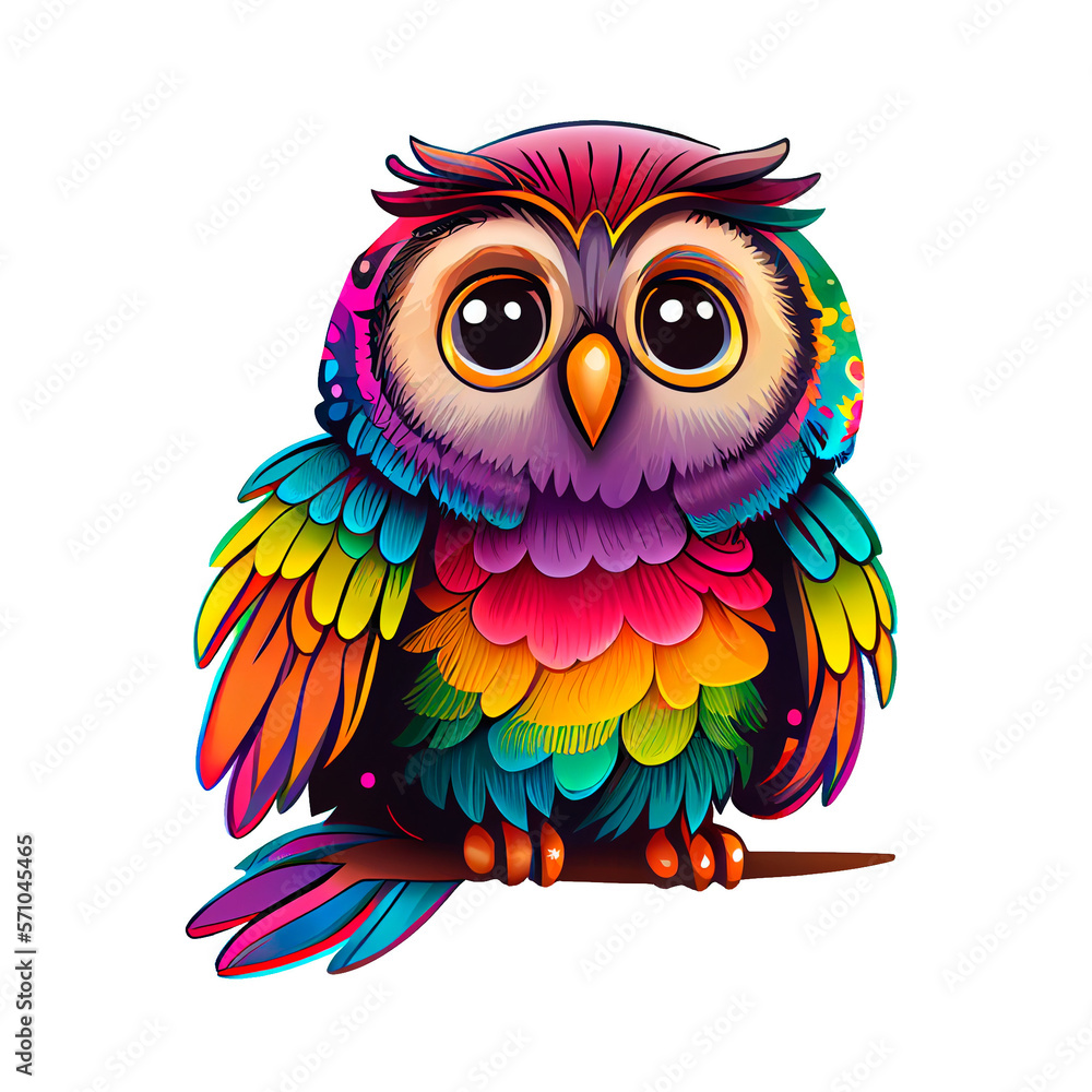 Rainbow owl sticker. Generative AI. Rainbow owl sticker. Generative AI.