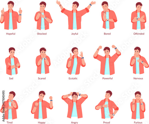 Different emotion gestures. People emotions on body expression, upset portrait person setabout exasperate or happy positive smile ashamed skeptical man swanky vector illustration