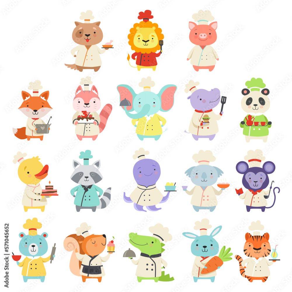 Cute Animals in Chef Uniform Cooking Delicious Dishes Big Vector Set