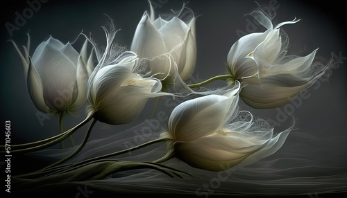  a painting of three white flowers on a black and gray background with a black background and a black background with a white flower on it.  generative ai © Anna