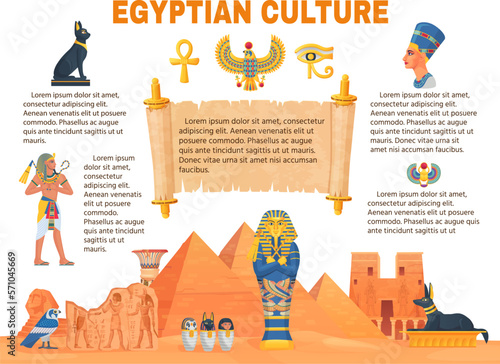 Ancient egypt infographic. Egyptian hieroglyphics egypt monuments history pharaoh or god, symbol old civilization culture elements landmark, cartoon ingenious vector illustration