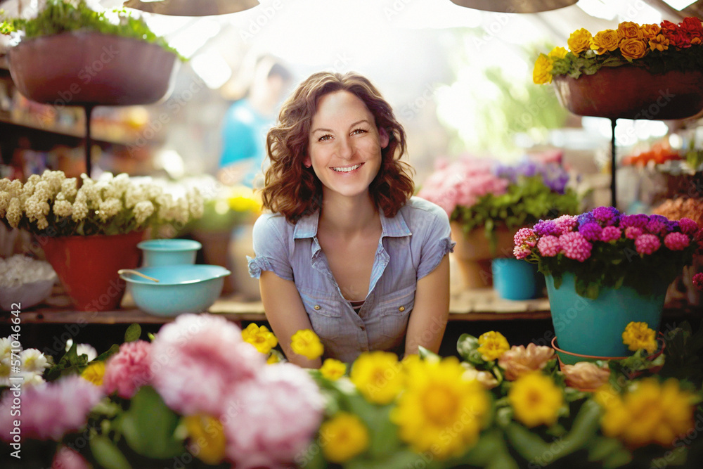 happy joung woman in a market garden surrounded by flowers, generative ai