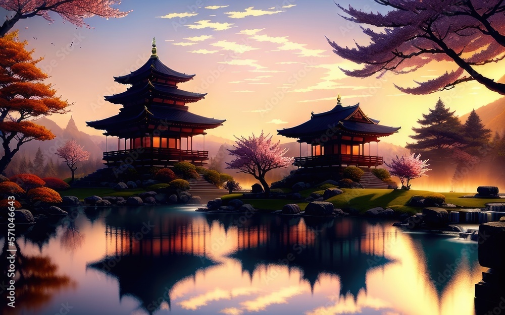 Obraz premium A Chinese temple in a beautiful mountain landscape overlooking the clouds