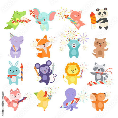 Cute Animal with Fireworks Enjoying Holiday Celebration Big Vector Set