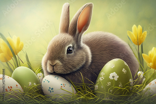 Vector illustration of Easter bunny card on a green background. ai