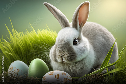 Vector illustration of Easter bunny card on a green background. ai