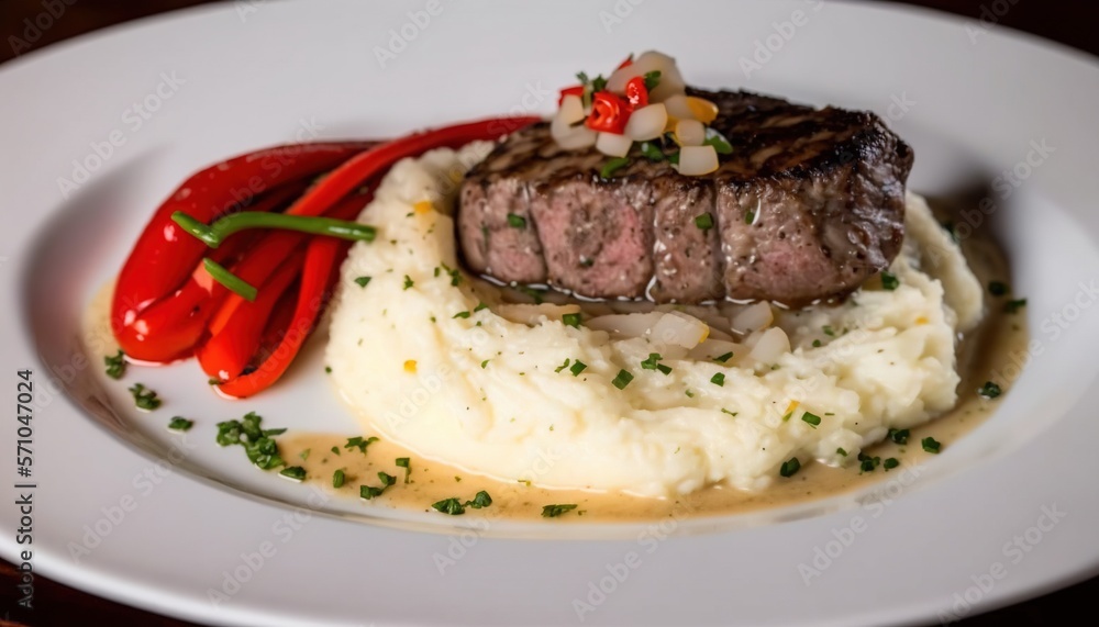 a white plate topped with mashed potatoes and a piece of meat on top of a piece of meat on top of mashed potatoes. generative ai a white plate topped with mashed potatoes and a piece of meat on top of a piece of meat on top of mashed potatoes. generative ai