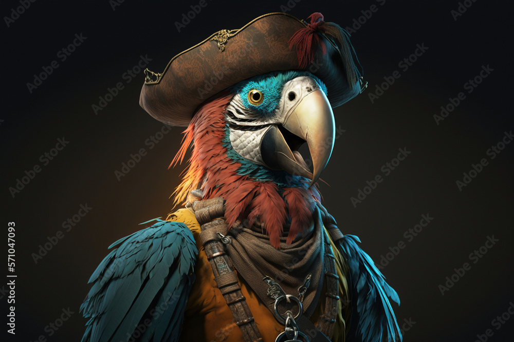 Fototapeta premium Colorful pirate parrot wearing a captain hat, illustration generative ai