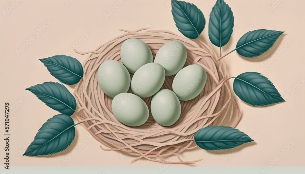 a bird nest with five eggs and green leaves on a beige background with a pink background and a light pink background with a light pink background. generative ai a bird nest with five eggs and green leaves on a beige background with a pink background and a light pink background with a light pink background. generative ai
