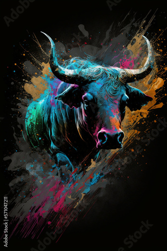 bull on a black background - splattering paint