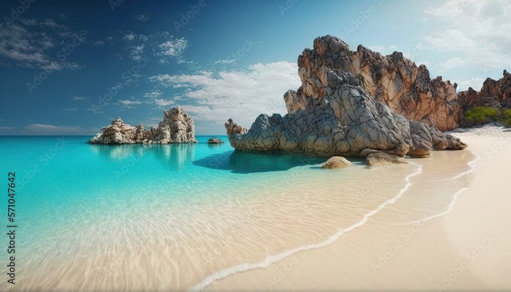 a sandy beach with a rock formation in the middle of the water and a blue sky with clouds in the background and a few rocks sticking out of the water. generative ai a sandy beach with a rock formation in the middle of the water and a blue sky with clouds in the background and a few rocks sticking out of the water. generative ai