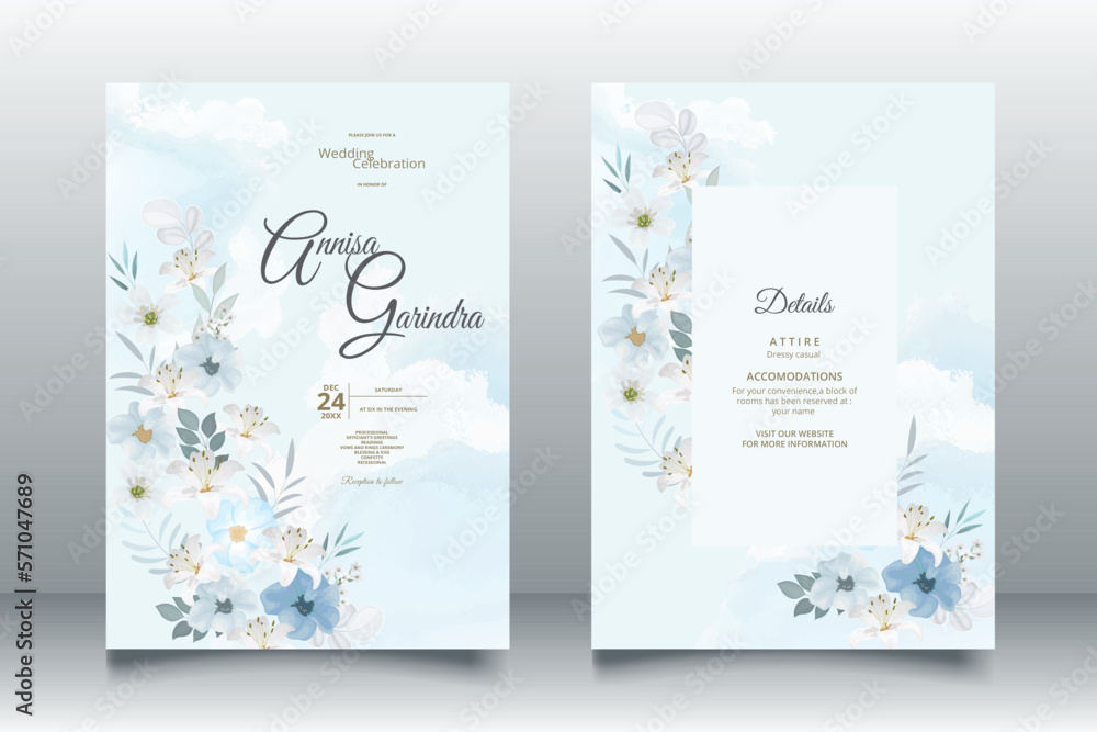 Beautiful blue floral frame wedding invitation card template premium vector