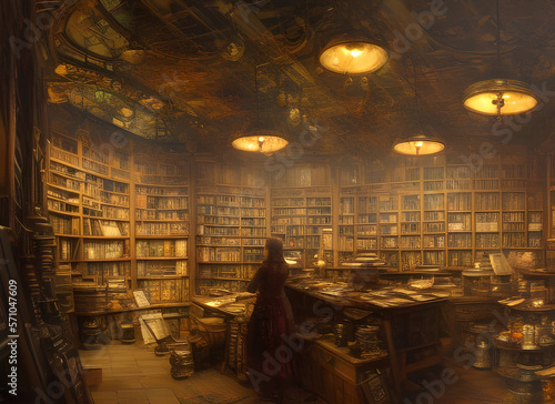 woman in an old-fashioned library with books stacked on shelves and on desks illuminated by warm glowing lamps. generative ai illustration. © Philip J Openshaw 