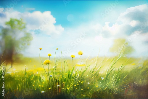  Beautiful meadow field with fresh grass and yellow dandelion flowers in nature against a blurry blue sky with clouds. Summer spring perfect natural landscape  watercolor style AI Generated