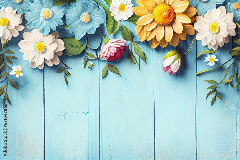 Obraz premium Garden flowers over blue wooden table background. Backdrop with copy space, watercolor style AI Generated