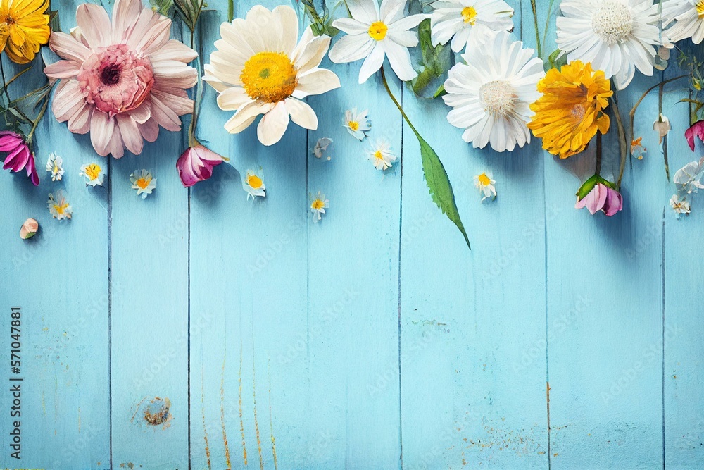 Obraz premium Garden flowers over blue wooden table background. Backdrop with copy space, watercolor style AI Generated