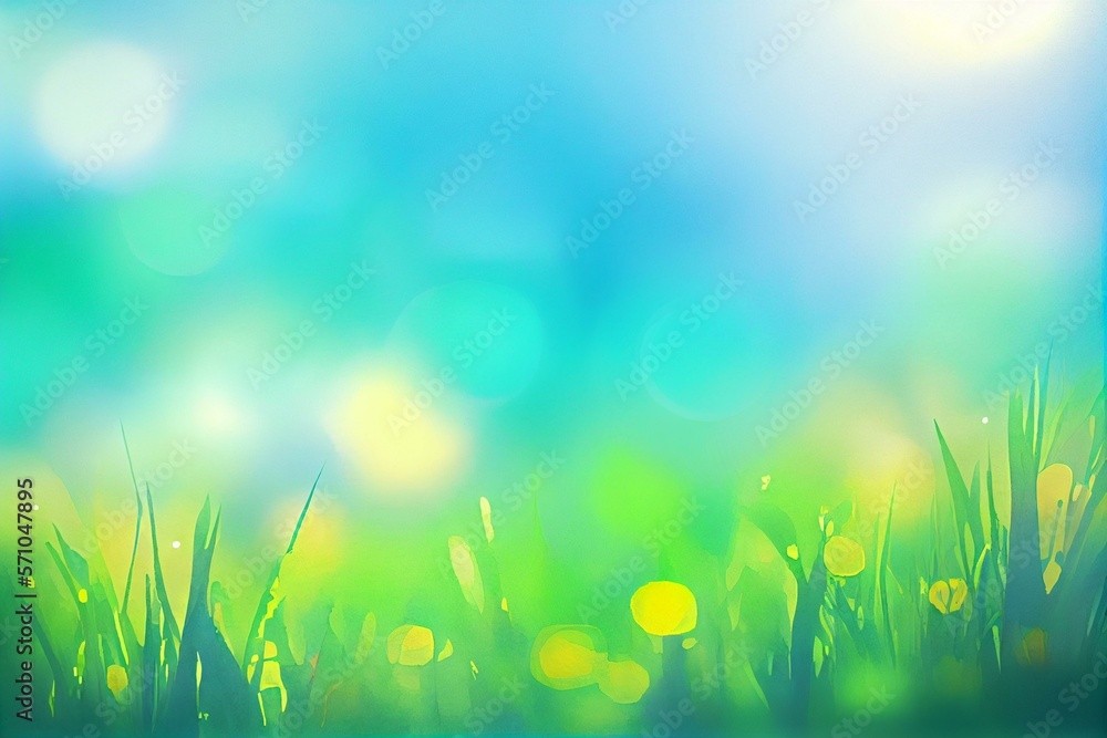 Fototapeta premium Summer natural blurred background.Green grass blue sly backdrop, watercolor style AI Generated