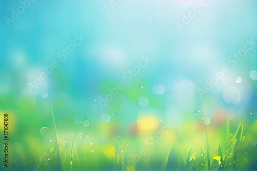  Summer natural blurred background.Green grass blue sly backdrop, watercolor style AI Generated © Катерина Євтехова