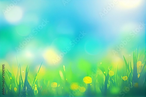  Summer natural blurred background.Green grass blue sly backdrop  watercolor style AI Generated